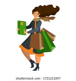 Woman is credit card holder, customer of bank is shopping and paid for purchases with card. Banking services: installment, credit, clearing settlement. Flat cartoon vector. Isolated object on white