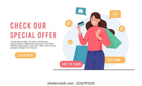 Woman with a credit card makes purchases. Banner template Cashless payment concept. Discounts, special offer for credit card payment. Business landing page for shops vector template