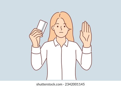 Woman with credit card makes stop gesture urging not to use services of banks and pay in cash. Girl does not want to use credit services to buy goods because of high interest rate.