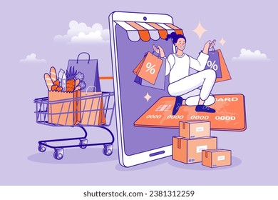 Woman with credit card. people use online shopping services. Smartphone marketing and e-commerce. Fast delivery via mobile phone. delivery service concept. Fresh Groceries Food. Vector illustration.