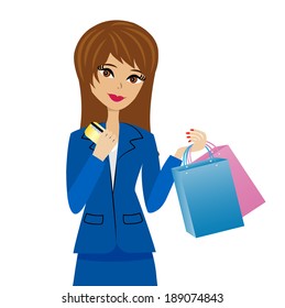 woman with a credit card and purchases in hands, vector illustration