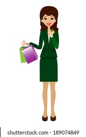 woman with a credit card and purchases in hands, vector illustration