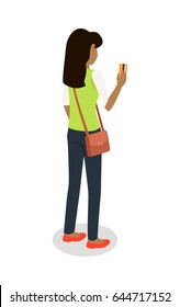 Woman with credit card standing backwards isometric projection icon. Female character in casual clothing make purchases vector illustration isolated on white background. Customer buying goods in store
