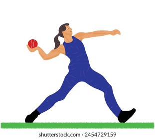 Woman Cricket bowler in Blue costume. Girl throwing a ball isolated on white background. Sprinter fast run on grass. Editable vector EPS available.