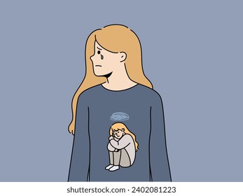 Woman cries due to stress and depression caused by psychological trauma in childhood, dressed in t-shirt with little crying girl. Psychological concept with female teenager needing psychotherapist