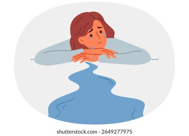 Woman cries, experiencing stress and apathy after breaking up with boyfriend, lying on desk, near puddle of tears. Depressed girl cries and needs psychological support after losing position in company