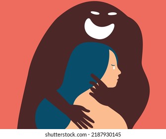 Woman Cries And Suffers From Sexual Harassment Or Schizophrenia. Dark Evil Shadow Harassed A Female. Girl Needs Help Due To Domestic Violence. Stop Violence Or Abuse Against Women Awareness Concept.