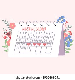 Woman critical days, gynecological menstruation cycle period. Menstrual calendar with flowers.