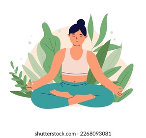 Woman with croosed legs practices yoga in nature. Relaxation and harmony. Mental wellness and self care. Yoga Day Celebration. Flat vector illustration