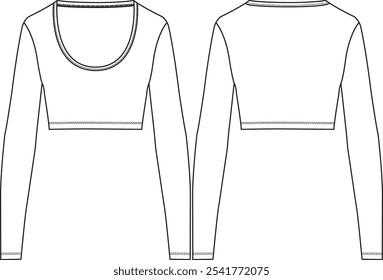 Woman Cropped open neckline longsleeve, sketch front and back, illustration, vectors