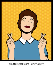 woman cross fingers make a wish and hope vector pop art comics illustration orange