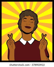 woman cross fingers make a wish and hope vector pop art comics illustration
