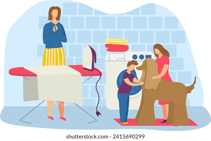 Woman with crossed arms observes as boy pets dog, laundry room background, appliance and ironing board. Household chores, family with pet, laundry day vector illustration.