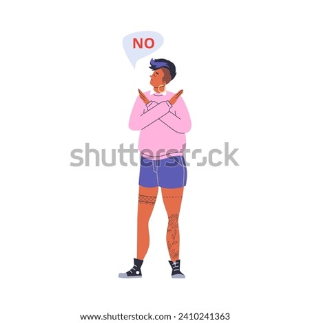 Woman crossed arms, says no or stop gesture, disagreement and denial, vector illustration isolated on white background. Dissatisfied female character, girl show hands gesture. Flat cartoon style
