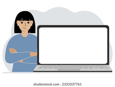 Woman crossed his arms near the laptop. The laptop is large and there is room for a test.