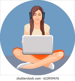 Woman with crossed legs in yoga position sitting behind computer. Businesswoman working at laptop vector illustration in round web button. Relaxing convenient pose for work