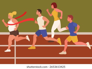A mulher cruza a linha de chegada primeiro com uma fita vermelha. Uma competição de corrida. Vencendo a maratona.