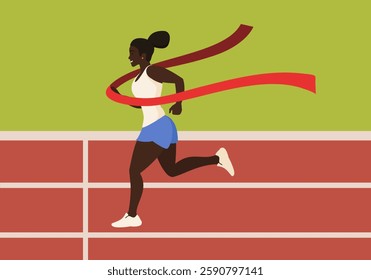 A woman crosses the finish line and the red ribbon of the winner at the stadium. Flat design.