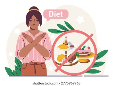 Woman crossing arms refusing desserts in flat style on light background, symbolizing diet, discipline and healthy choices. Hand-drawn vector illustration