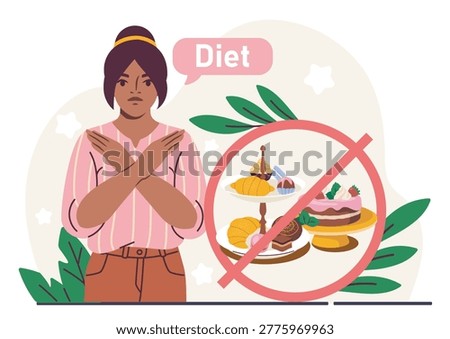 Woman crossing arms refusing desserts in flat style on light background, symbolizing diet, discipline and healthy choices. Hand-drawn vector illustration