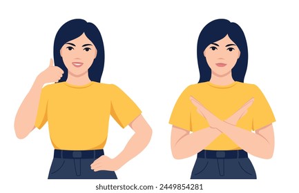 Woman crossing arms saying no and gesture show thumbs up. Negative and positive expression. Yes and no gesture. Flat vector illustration