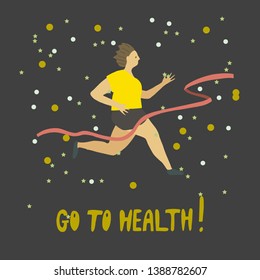 Woman crossing finishing line . Running girl Healthy lifestyle . Freehand drawing vector flat illustration