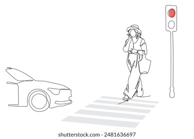 Woman crossing street with red light on at traffic light. Car approaching. Single black line drawing isolated on white background. Line art vector. 