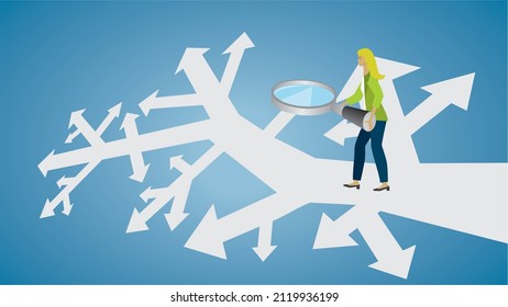 Woman at crossroad, try to look to the alternatives with magnifying glass. Vector illustration. EPS10. Dimension 16:9.