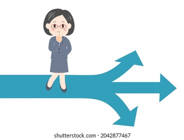 Woman at the crossroads of life. Middle-aged office worker with glasses. Vector illustration.
