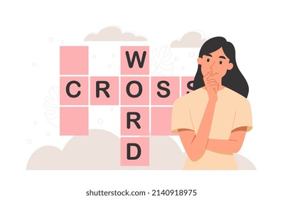 Woman with crossword. Girl filling empty boxes with letters. Character thinks over right words, puzzle and intelligent entertainment. Testing knowledge and erudition. Cartoon flat vector illustration