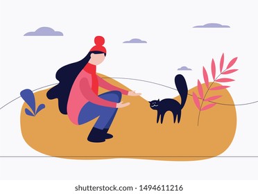 Woman crouched outdoor with call gesture to cat arched back flat cartoon style, vector illustration isolated on white background. Sitting female in park taking care of frightened stray cat