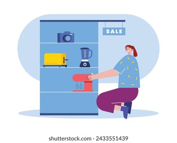 Woman crouching down selecting electronic machines on display, toaster, mixer, blender and camera on sale. Character design. Vector flat illustration