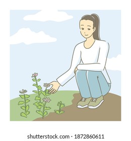 Woman Crouching Down And Staring At Flowers.