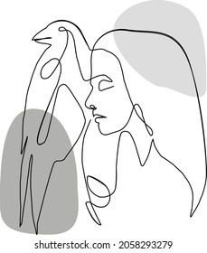 Woman With Crow. Line Art Vector