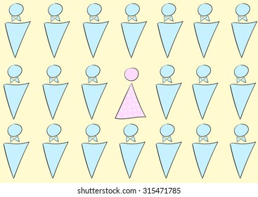The woman in crowd of men in the form of toilet badges