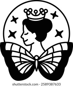 A woman with a crown and butterfly wings