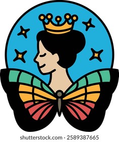 A woman with a crown and butterfly wings