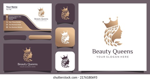 woman with crown logo design. leaf hair concept icon vector illustration