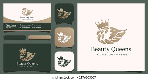 woman with crown logo design. leaf hair concept icon vector illustration