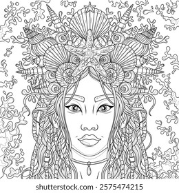 Woman with a crown made of sea shells and seaweed.Coloring book antistress for children and adults. Illustration isolated on white background.Zen-tangle style. Hand draw