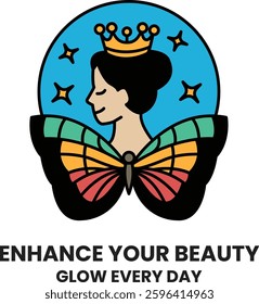 A woman with a crown on her head and a butterfly on her back. The butterfly is on the right side of the woman