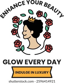 A woman with a crown and roses on her head. The words "enhance your beauty" are written above her
