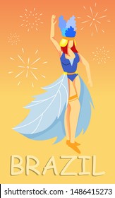 Woman in Crown in Suit with Feathers Belt on Orange Background. Fireworks and Carnival. Brazilian Carnival. Traditional Brazilian Costume. Country Cult. Vector Illustration. Exclusive Clothes.