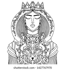 Woman With A Crown And A Wolf. Black And White Illustration For Posters And Postcards. Coloring Book For Adults And Older Children. Vector Illustration.

