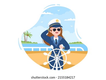 Woman Cruise Ship Captain Cartoon Illustration in Sailor Uniform Riding a Ships, Looking with Binoculars or Standing on the Harbor in Flat Design