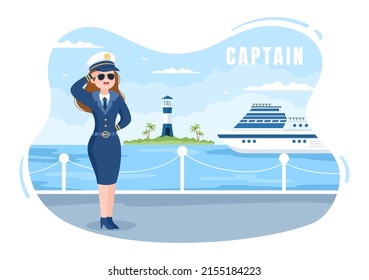 Capitán de caricatura de barco de crucero femenino Ilustración en uniforme marinero en un barco, mirando con binoculares o parado en el puerto de diseño plano