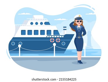 Woman Cruise Ship Captain Cartoon Illustration in Sailor Uniform Riding a Ships, Looking with Binoculars or Standing on the Harbor in Flat Design