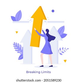 Woman crushing ceiling by upward arrows. Concept of breaking limits, exceeding boundaries, overcoming obstacles, business progress and development. Modern flat vector illustration for banner, poster.