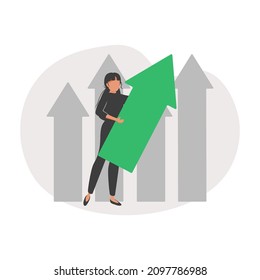 Woman Crushing Ceiling By Upward Arrows. Concept Of Breaking Limits, Exceeding Boundaries, Overcoming Obstacles, Business Progress And Development. Modern Flat Vector Illustration For Banner, Poster.