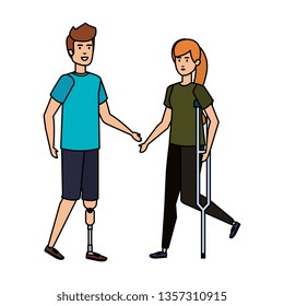 woman in crutch and man with prosthesis
